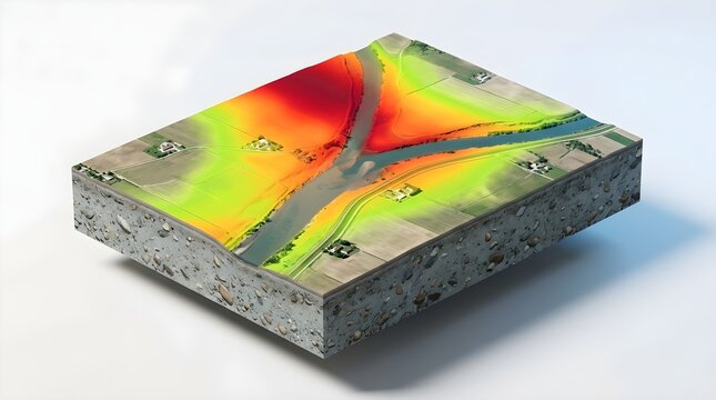 3D GIS mapping visualization with digital elevation model and heat map topography overlay on isometric terrain cross section