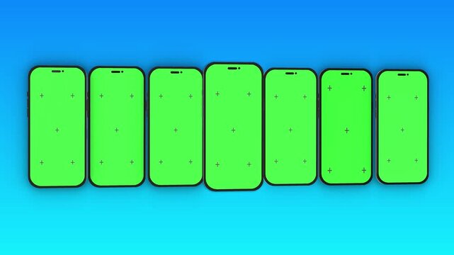 Multiple phones green screen seven devices, tracking markers, and modern lineup composition. for app promotion, responsive design videos, mobile ads, product showcases, and UI replacement edits.