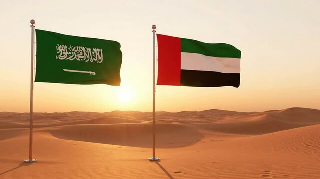 Saudi arabia and uae flags waving together in desert landscape at sunset middle east diplomatic cooperation and partnership concept