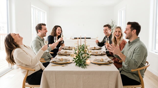 Group of friends celebrating New Year with a festive dinner party