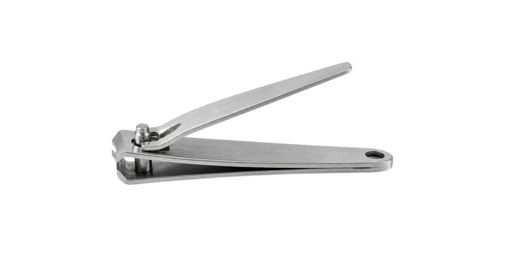 Shiny silver metallic nail clipper with a brushed finish is angled on a clean white background