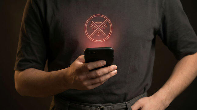 Person using a smartphone with a red glowing no wifi connection warning symbol