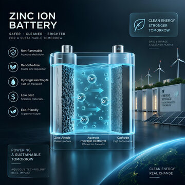 3D aqueous zinc-ion battery and intrinsically safe storage concept, translucent water-based electrolyte with glowing dendrite-free zinc ion transport interface with copy space