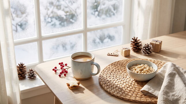 Cozy morning coffee at home with a steaming cup on the table
