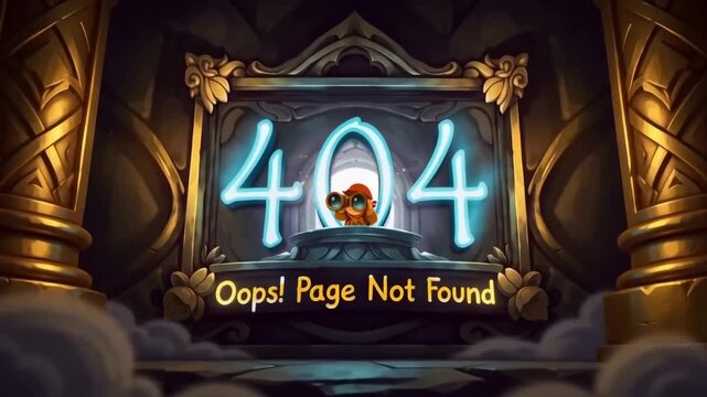 Cartoon Character Peeking Through 404 Error Sign in Ornate Digital Interface with Glowing Text and Cloud Background