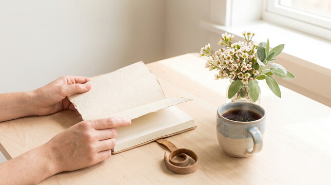 Close-up of hands opening a paper diary with a cup of tea in the morning
