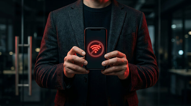 Man holding a smartphone displaying a red no wifi connection symbol error screen