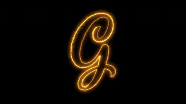 Animated fiery letter G reveal on black background, hand drawn script font with orange glow.mov