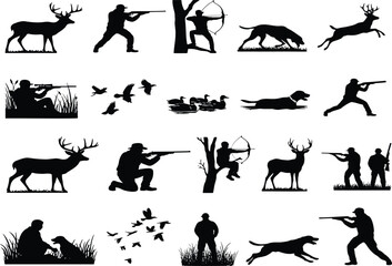Fototapeta premium Hunting Wildlife Silhouette Collection with Hunters, Deer, Birds, Dogs and Archery Scenes