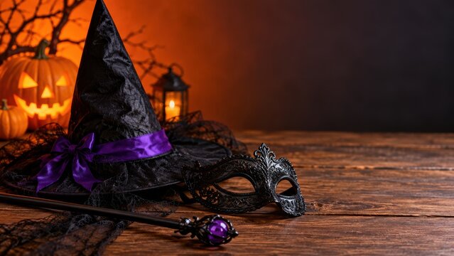 魔女の帽子と仮面が並ぶハロウィンコスチューム小物