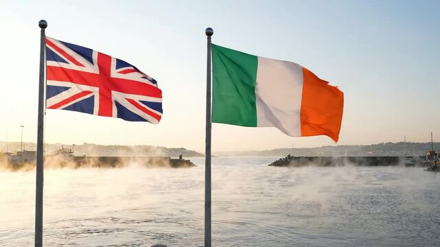 United kingdom and ireland flags waving together at sea port with morning mist and calm coastal scenery
