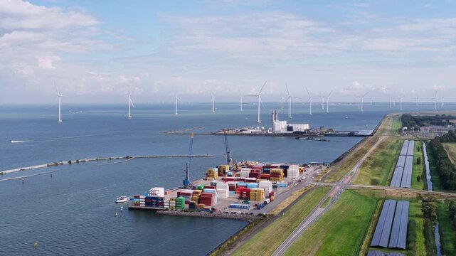 Aerial view of a container terminal near Lelystad on the IJsselmeer