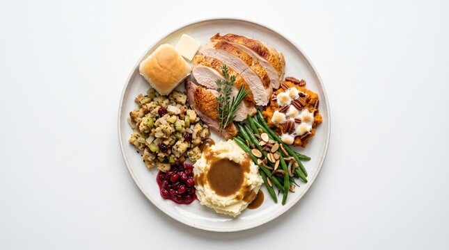 Thanksgiving dinner plate with turkey stuffing sweet potato and cranberry sauce on white background