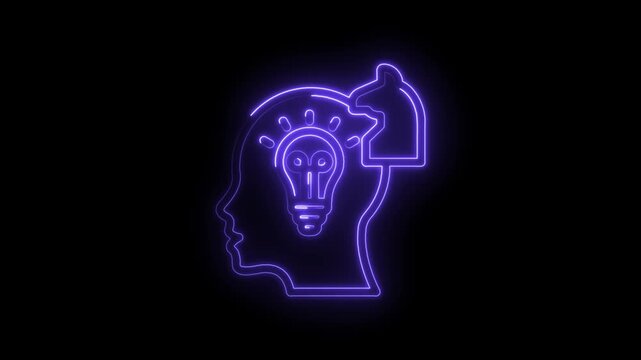 Neon light head silhouette with glowing lightbulb inside representing idea innovation icon