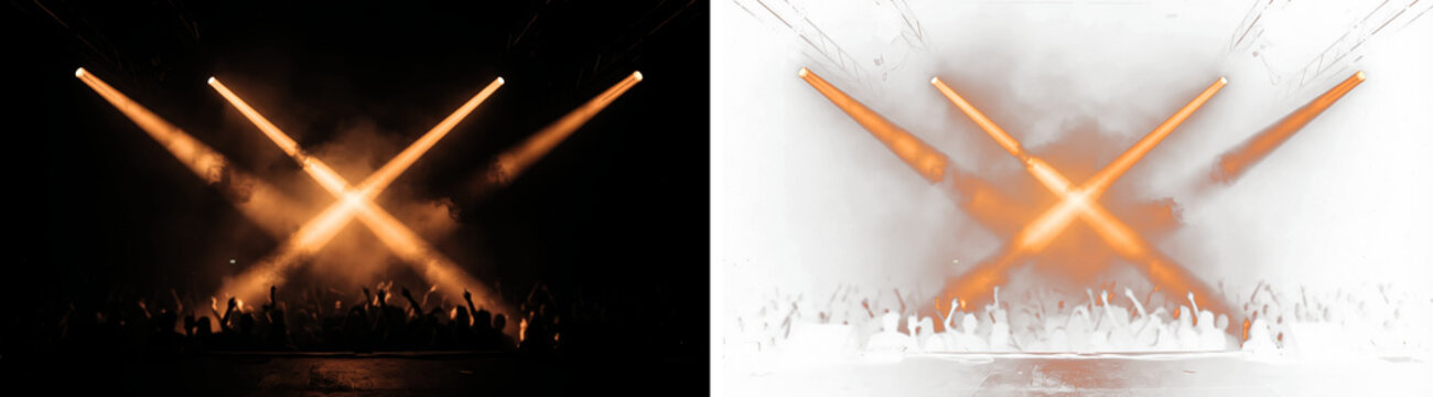 Cinematic stage spotlights with orange light beams, concert crowd silhouette in smoke, atmospheric event lighting on black and white backgrounds