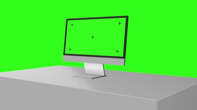 Desktop monitor bright green chroma key display tracking markers placed desk green studio scene. website previews, software demos screen replacement, advertising, presentations, compositing 19