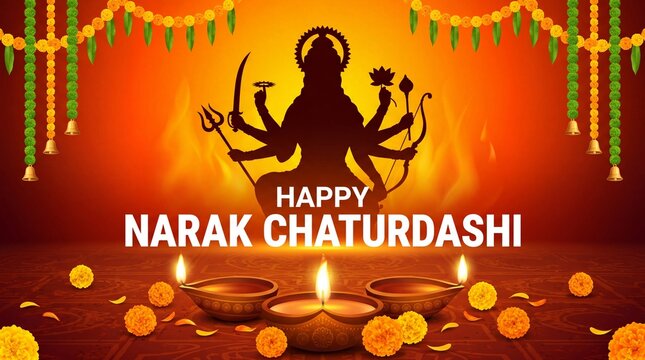 Happy Narak Chaturdashi Greeting with Goddess Silhouette, Diyas and Marigold Garland