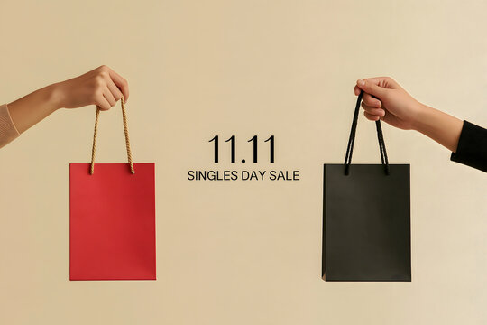 Hands Holding Red and Black Shopping Bags for 11.11 Singles Day Sale