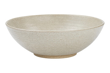 Rustic beige ceramic bowl with a textured surface and a natural unglazed base, photographed on a...