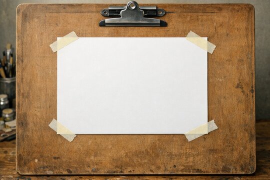 A clipboard with a piece of paper taped to it, ideal for jotting down notes or ideas