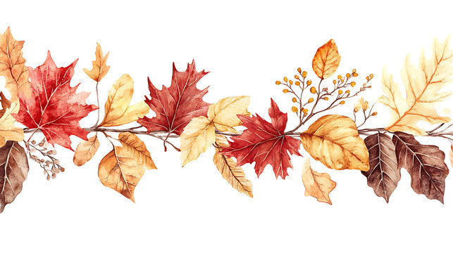Horizontal watercolor autumn leaves divider line with pure white copy space for seasonal greeting card design