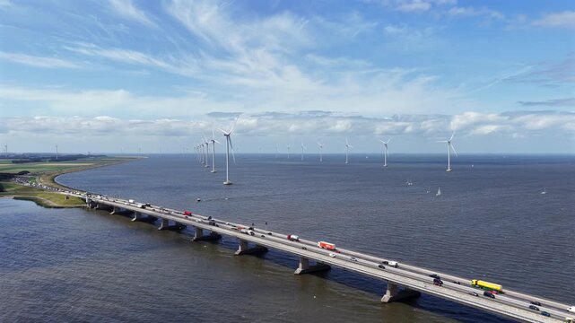 Aerial view of the Ketelbrug with heavy traffic in Flevoland, the Netherlands