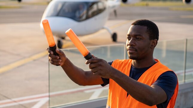 Ground marshaller signalling an approaching eVTOL aircraft with illuminated wands