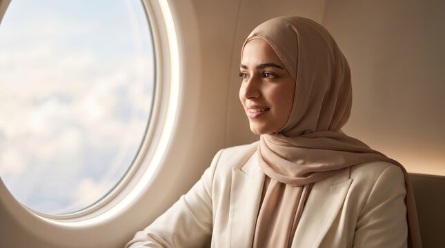 Portrait of a woman in a hijab looking out an eVTOL aircraft cabin window