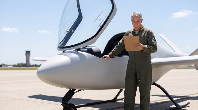 Test pilot reviewing a checklist beside an eVTOL aircraft cockpit on the tarmac