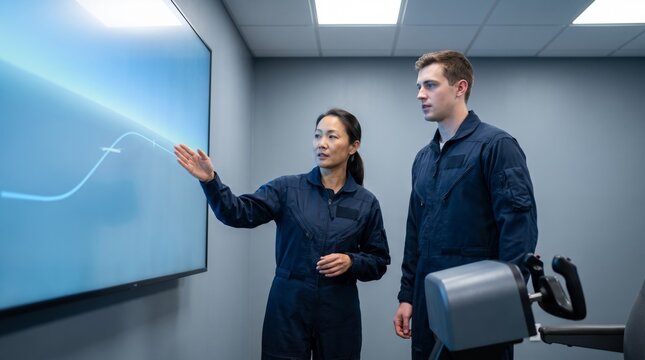 Flight instructor training a pilot trainee on an eVTOL simulator screen