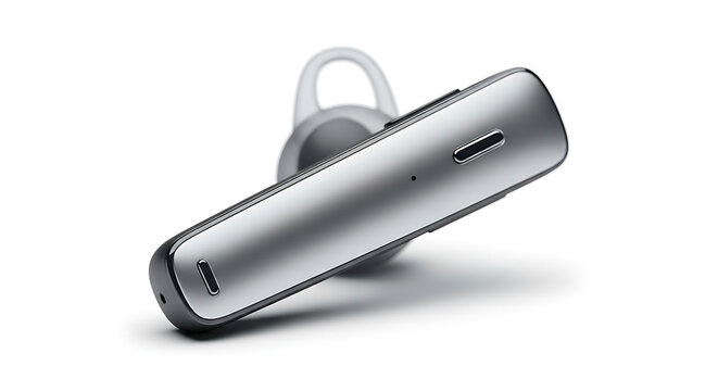 A single silver wireless bluetooth earpiece isolated on a plain white studio background