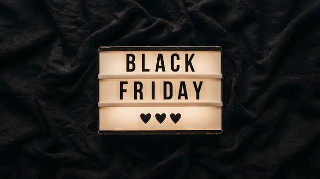 Black friday light box sign with heart symbols placed on a dark black textured fabric background