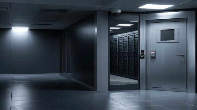 Secure entrance door to data center facility featuring digital keypad and surveillance camera system.