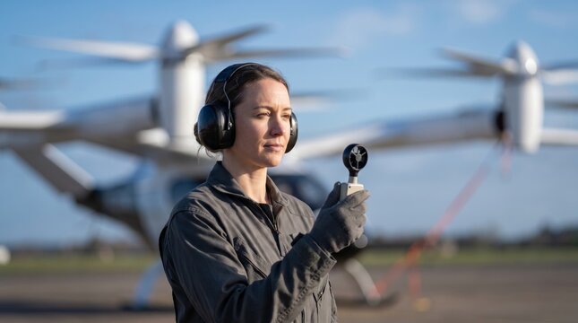 Portrait of a flight-test engineer standing near a tethered eVTOL aircraft with spinning rotors