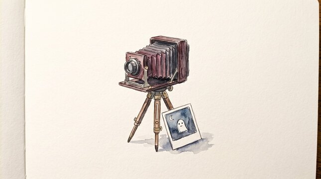 Vintage bellows camera on tripod with instant photo, watercolor illustration of antique photography equipment, isolated on white background, retro aesthetic