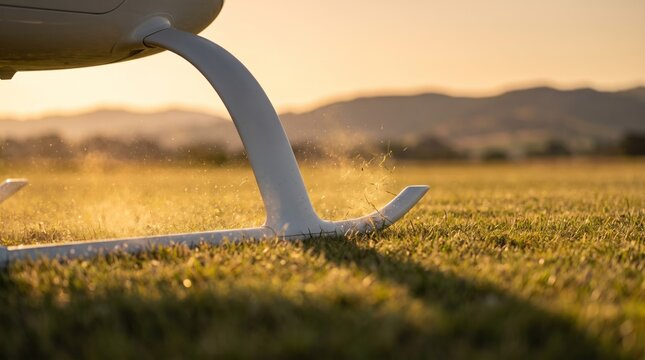 Close-up of an eVTOL aircraft's landing skid touching down on a grassy test field