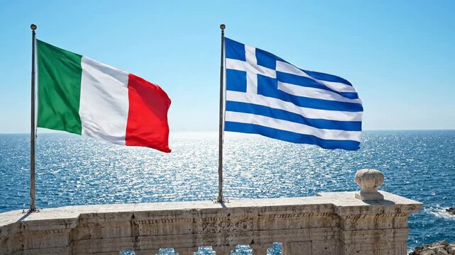 Italian and greek flags waving together against a sparkling mediterranean sea background, italy greece