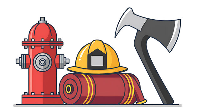 Vector illustration of essential firefighting equipment featuring a red fire hydrant, a yellow firefighter helmet, a rolled fire hose, and a fire axe.
