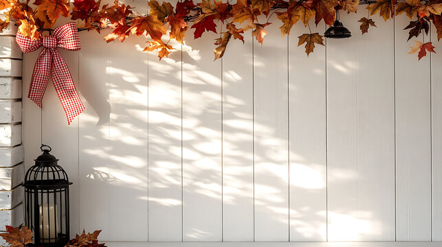Elegant wide e-commerce hero banner with white wooden background autumn lantern and red leaves framing vast layout
