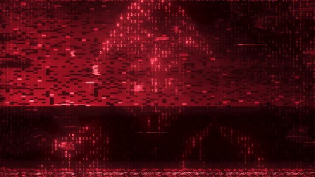 Hooded hacker silhouette binary code with glitch distortion. Red abstract cybercrime background of digital rain, ones and zeros and data corruption artifacts.