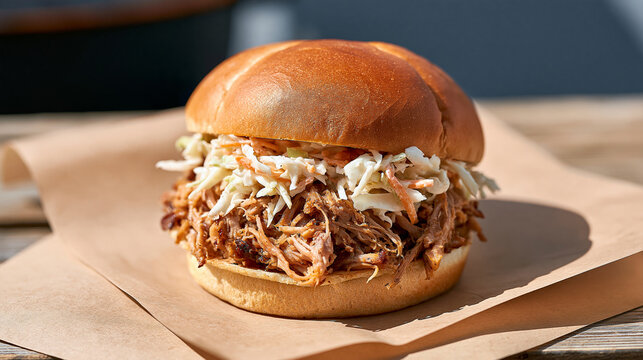 a pulled pork sandwich with coleslaw on a brioche bun sitting on butcher paper at a rustic outdoor BBQ stall, smoke pit in the background, celebrating national pulled pork day,