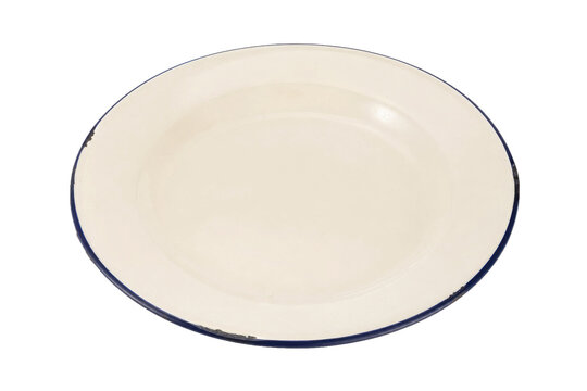 Single vintage cream enamel plate with a distressed blue rim, captured from a top-down perspective on a clean white background
