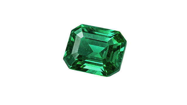 Beautiful square faceted green emerald crystal gemstone isolated on transparent background.