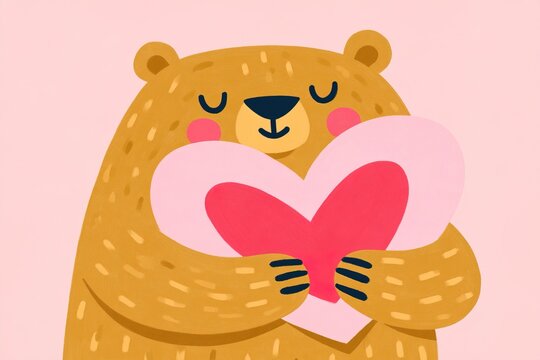 Cute bear holds a heart shape on a pink background