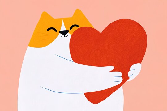 Cat holds a large red heart against a pink background