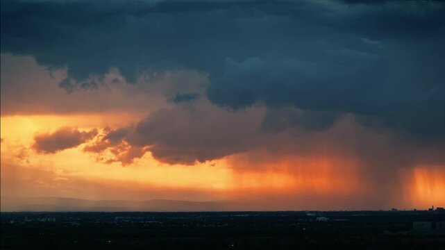 Dramatic rain clouds emerging in vivid colors at sunset. A time lapse footage of a majestic, fascinating and intense natural phenomenon