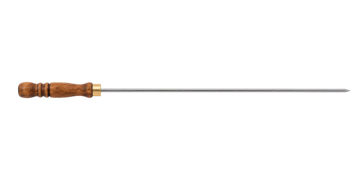 Sharp, pointed ice pick with a decorative wooden handle and brass ferrule is isolated on a clean white background