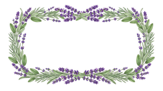 Watercolor lavender flower frame border green herb foliage design