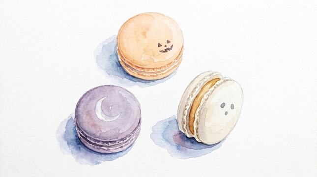 Watercolor macaron illustration with cute faces, pastel purple orange and white french cookies, hand painted dessert art on white background, sweet bakery treats for menu design