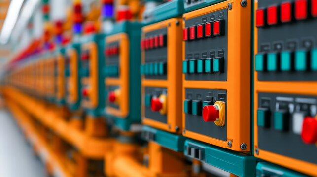 Factory Machinery Control Panel with Colorful Buttons and Lights for Utilization and Risk Review in Industrial Settings